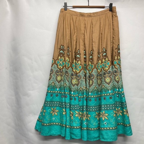 Coldwater Creek Linen Blend Colorful Boho Midi Skirt Size Medium Hindi Hippie - Picture 12 of 14